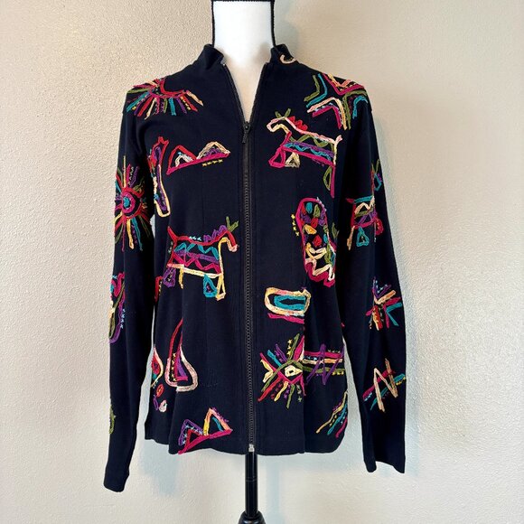 Adorable Abstract Line Art Horse and Lion Black Zipper Jacket Modern Women's L - Picture 4 of 11